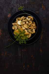 High angle view of chopped mushrooms on table