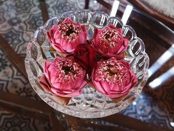 High angle view of pink roses on table