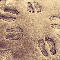 High angle view of footprints on sand at beach