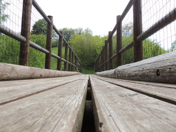 Surface level of footbridge against clear sky