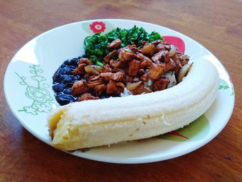 High angle view of breakfast served on table