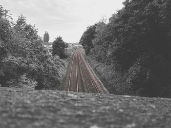Close-up of railroad track amidst trees against sky
