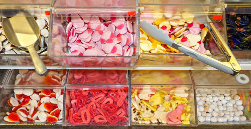 High angle view of various candies on display at store