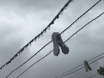 Low angle view of barbed wire against sky