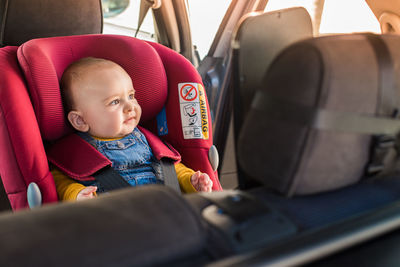 Father fasten his little baby in the car seat