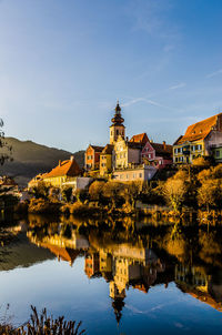 Reflection of buildings in lake