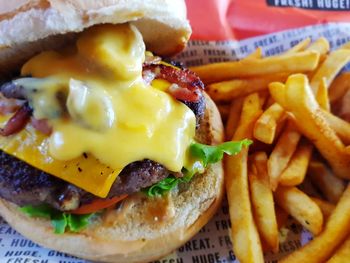 Close-up of burger and fries