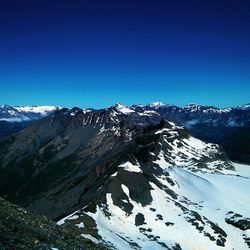 Scenic view of mountains against clear blue sky