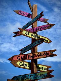 Low angle view of road sign against sky