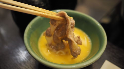 High angle close-up of soup in bowl