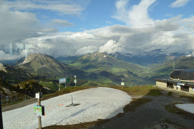 Scenic view of mountains against cloudy sky