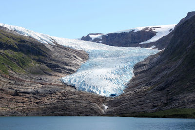 Scenic view of snow covered mountains