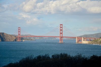 View of suspension bridge over sea