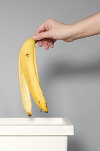 Close-up of hand holding fruit against white background