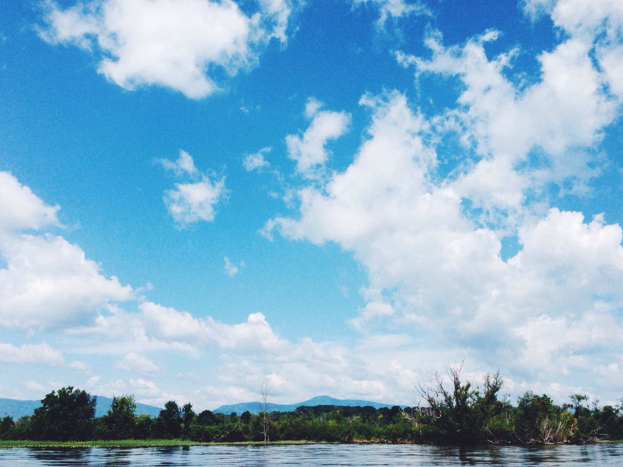 sky, water, tranquil scene, tranquility, scenics, cloud - sky, beauty in nature, waterfront, nature, cloud, blue, lake, tree, cloudy, idyllic, non-urban scene, river, day, outdoors, no people