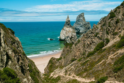 Scenic view of famous praia da ursa beach in portugal in sintra