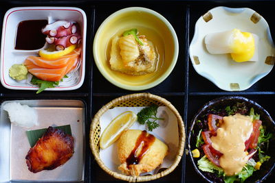 Close-up of breakfast served on table