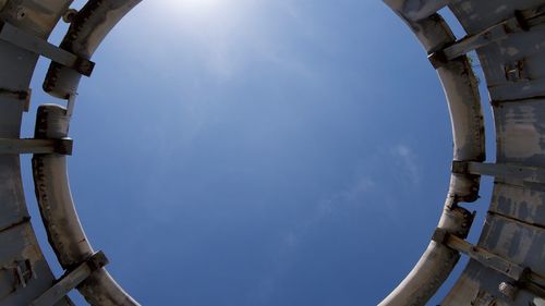 Low angle view of space shuttle start ramp  against blue sky on sunny day