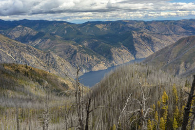 Lake chelan surrounded by burned trees from wildfire