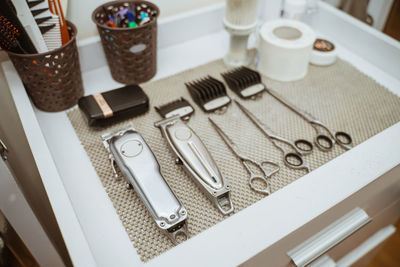 High angle view of equipment on table