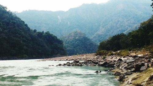 High angle view of river amidst trees against mountains