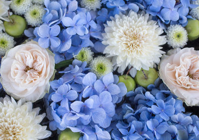 Flower arrangement of hydrangeas, roses, chrysanthemums and apples