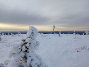 Snow covered land against sky during sunset