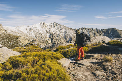 Rear view of person standing by mountain against sky