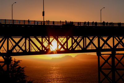 Silhouette of bridge over sea at sunset