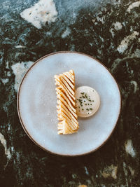 High angle view of dessert in plate on table