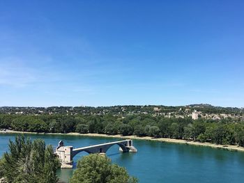 Scenic view of river against clear blue sky