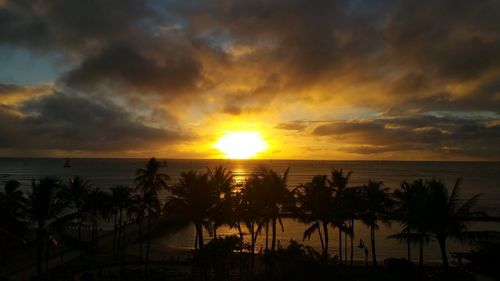 Silhouette palm trees on beach against sky during sunset