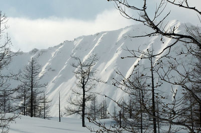 Scenic view of snow covered mountains against sky