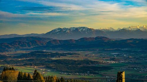 Scenic view of mountains against sky during sunset