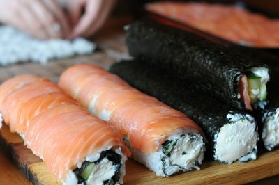 Close-up of sushi on wooden table