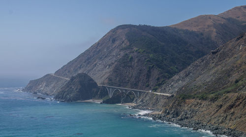 Scenic view of sea and mountains against sky