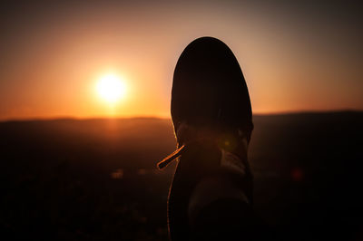 Close-up of silhouette person standing at beach during sunset