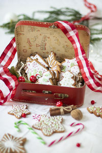 High angle view of christmas decoration on table