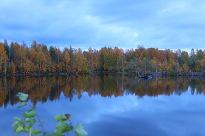 Scenic view of lake by trees against sky