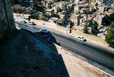 High angle view of cars on city street