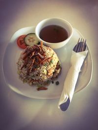High angle view of breakfast served on table