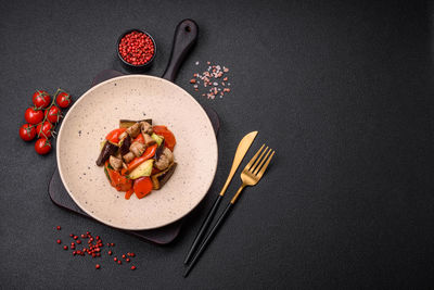 High angle view of food in plate on table