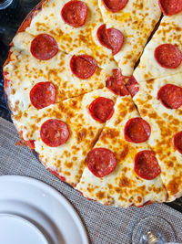 High angle view of pizza on table