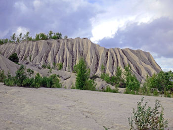 Scenic view of rocky mountain against cloudy sky