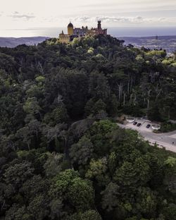 High angle view of trees and building against sky