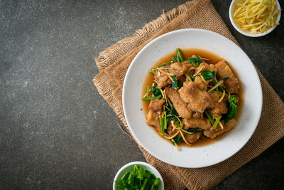 High angle view of food in plate on table