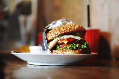 Close-up of hamburger in plate