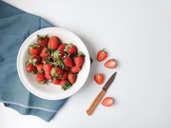 High angle view of fruits in bowl on table