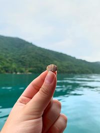 Cropped hand holding shell by sea against cloudy sky