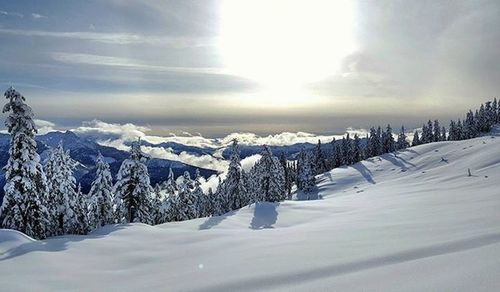 Scenic view of snow covered mountains